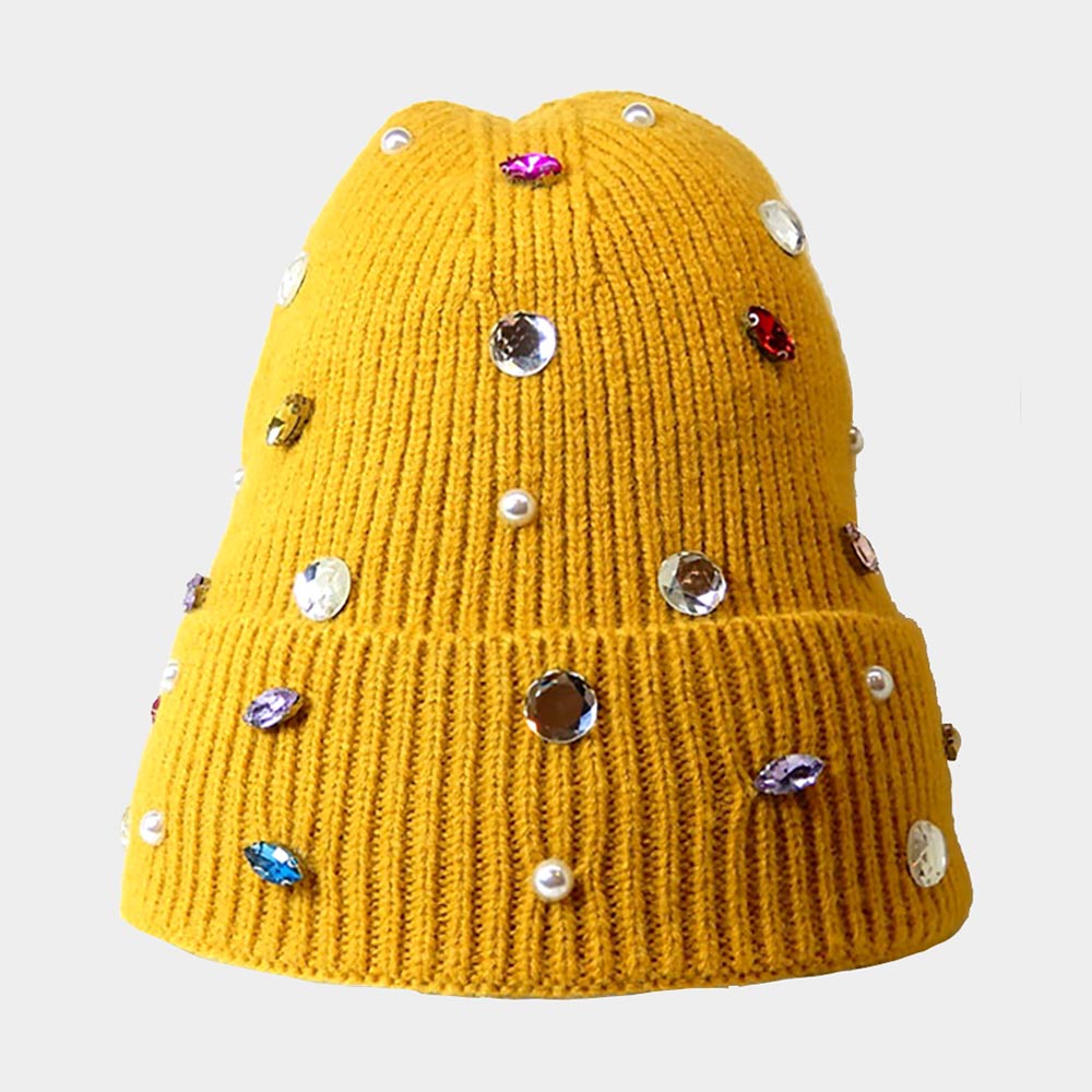 Pearl Jewel Embellished Fleece Lining Knit Beanie Hat from Madeline Love