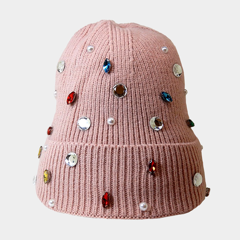 Pearl Jewel Embellished Fleece Lining Knit Beanie Hat from Madeline Love