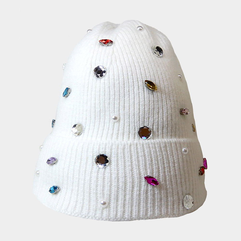 Pearl Jewel Embellished Fleece Lining Knit Beanie Hat from Madeline Love