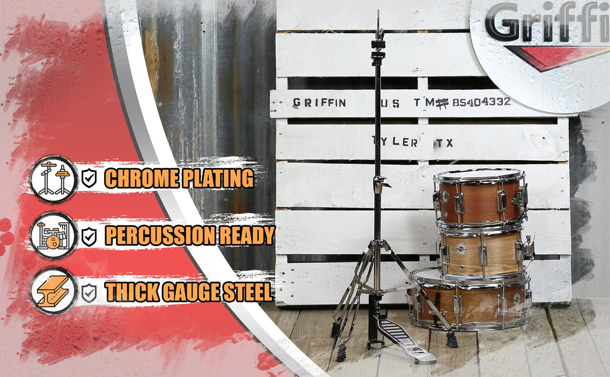 Deluxe Hi-Hat Stand by GRIFFIN - Hi Hat Cymbal Pedal With Drum Key - HiHat Mount Chrome Legs from GeekStands