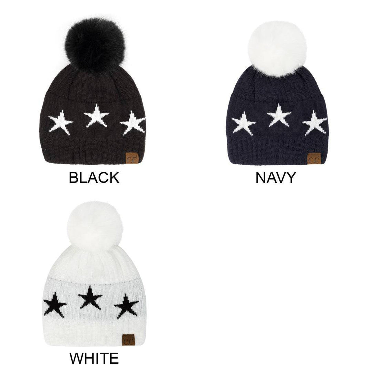 CC Beanie with Quality Faux Fur Pom & Star Pattern