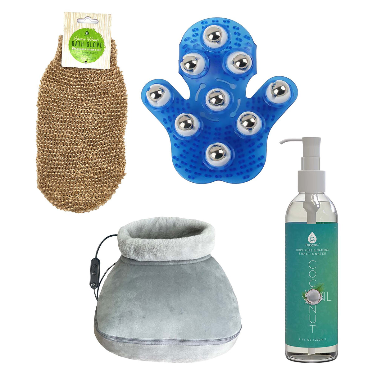 Weekend Wellness Bundle: Palm Massage Glove, Heated Foot Massager, Coconut Oil & Exfoliating Bath Glove from Pursonic