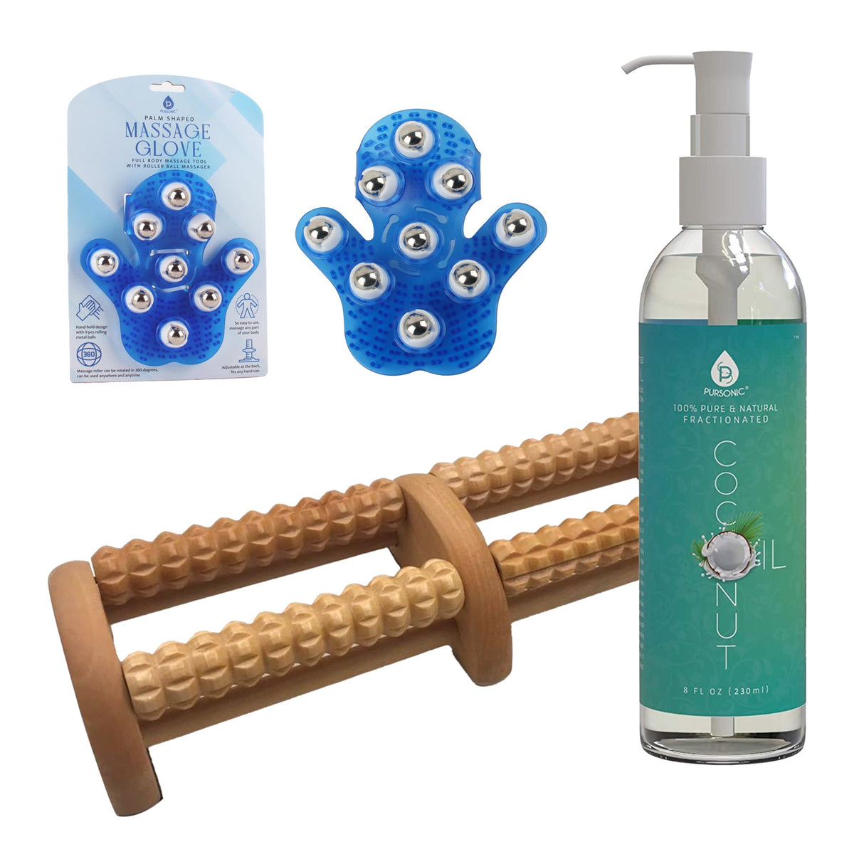 Pursonic Relaxation Gift Bundle: Palm Shaped Massage Glove, Wooden Foot Massager, and Fractionated Coconut Oil from Pursonic
