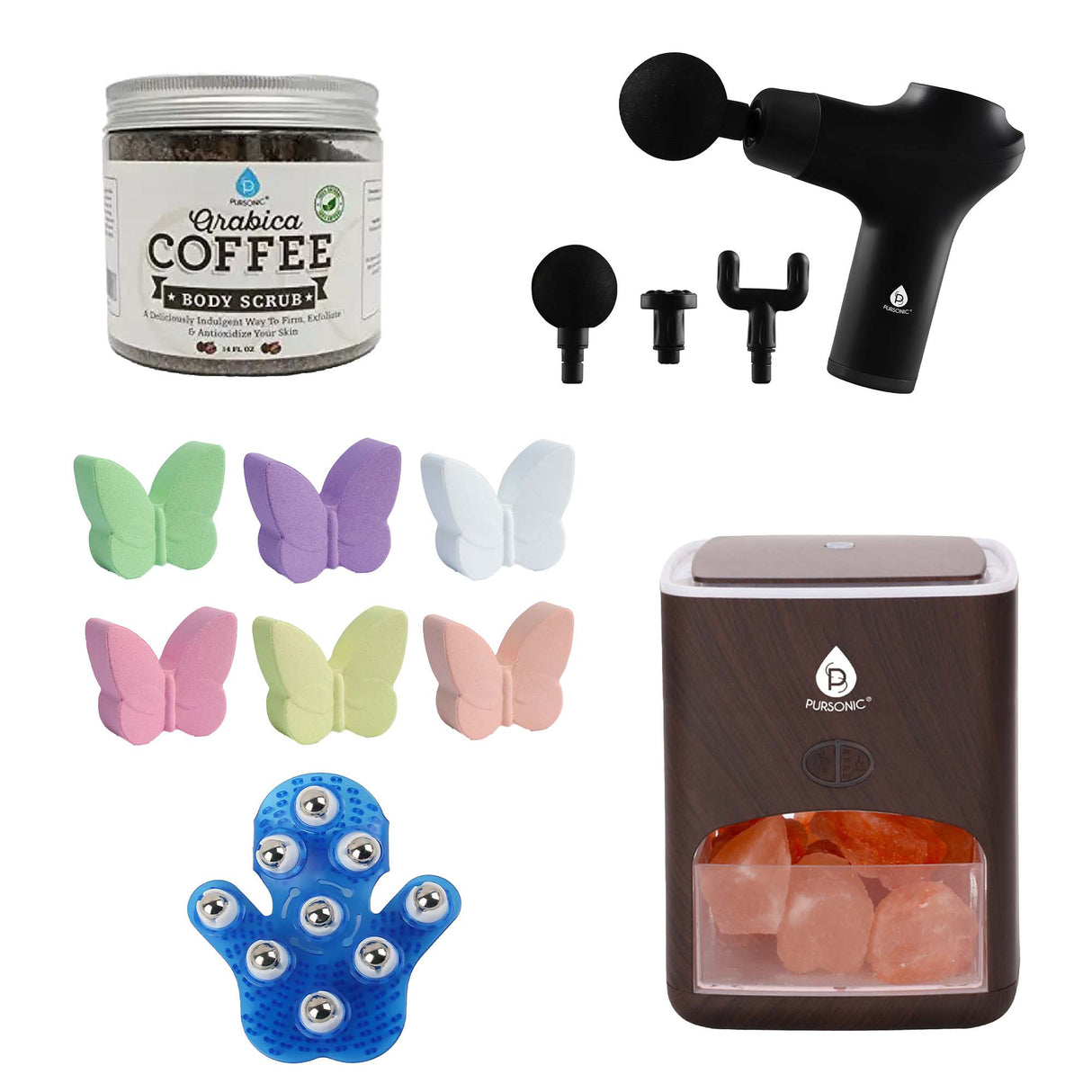 Pursonic At-Home Spa Essentials: Coffee Scrub, Himalayan Salt Lamp Diffuser, Massage Gun, Bath Bombs, & More from Pursonic