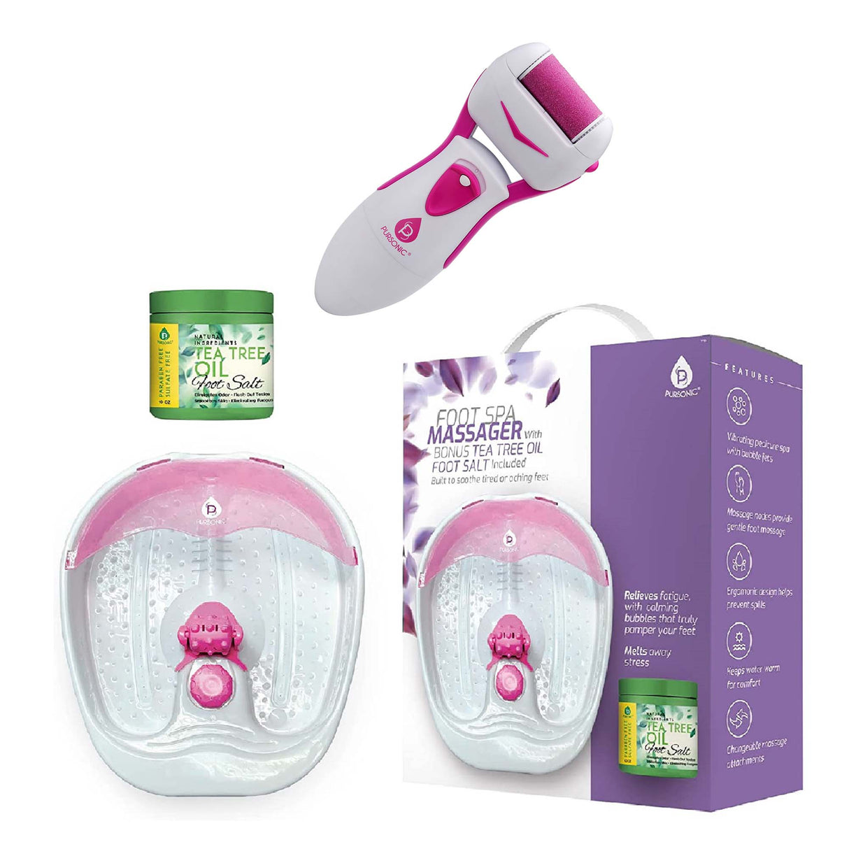 Ultimate Foot Care Bundle: Foot Spa Massager with Tea Tree Oil Foot Salt Scrub (Warming Function), Battery Operated Callus Remover, Foot Spa, and Foot Smoother from Pursonic