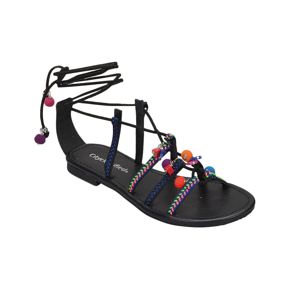 Howell: Colorful Embroidery Lace Up Sandals in Black from Chynna Dolls