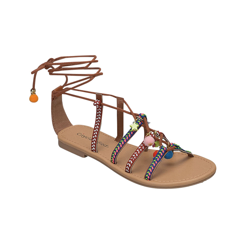 Howell: Colorful Embroidery Lace Up Sandals in Tan from Chynna Dolls
