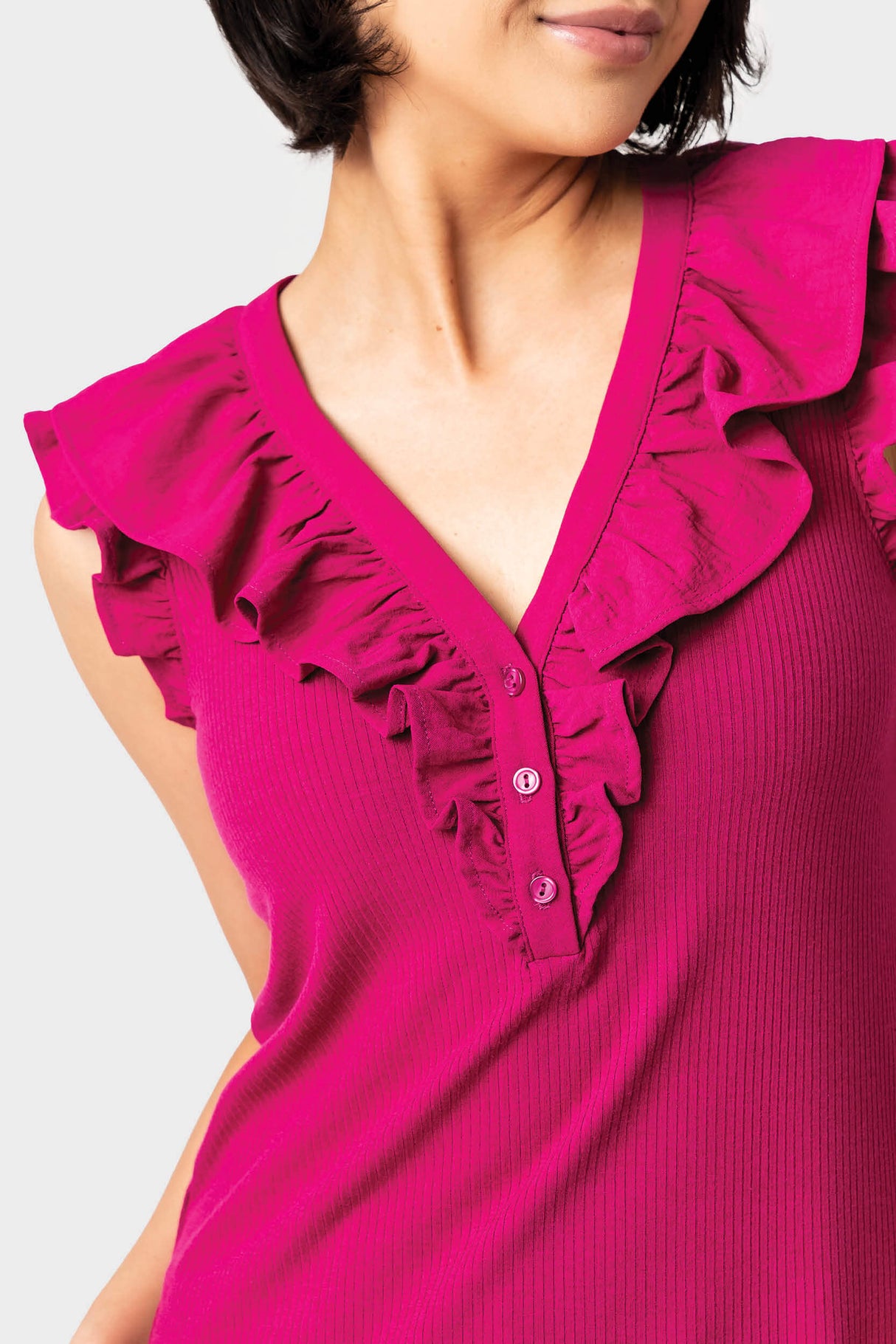 Ruffles For Days Mixed Media Henley Knit Top From Gibsonlook