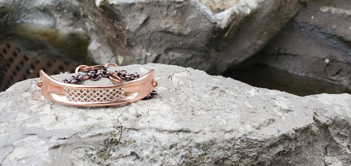 Adjustable Handmade Sculpted Copper Channel Silver Mesh Cuff Bracelet from Alexa Martha Designs