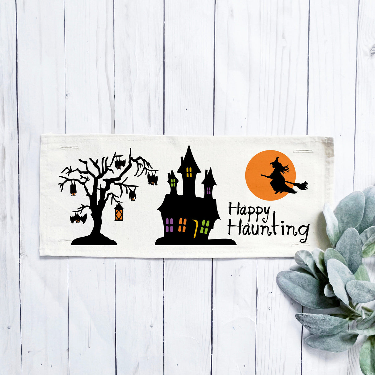 Holiday Panel: Halloween October 31st Fall Autumn Bats Flying Witch Dead Tree Mansion; HAPPY HAUNTING HAUNTED HOUSE From PillowPanels