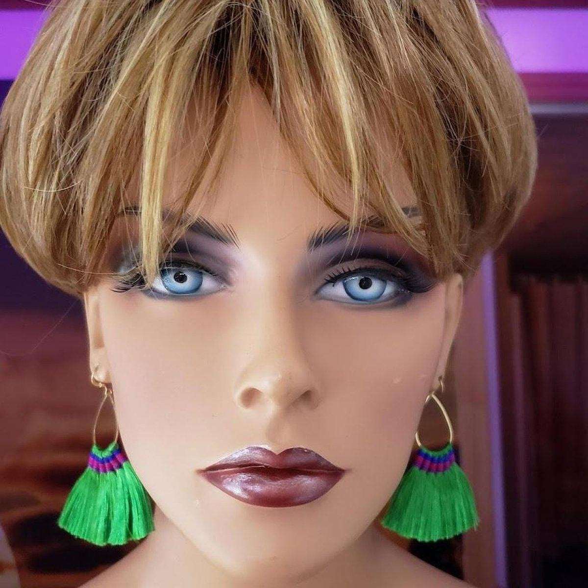 Colored Hawaii Hula Skirt Rayon Silk Fan Tassel Hoop Earrings from Alexa Martha Designs