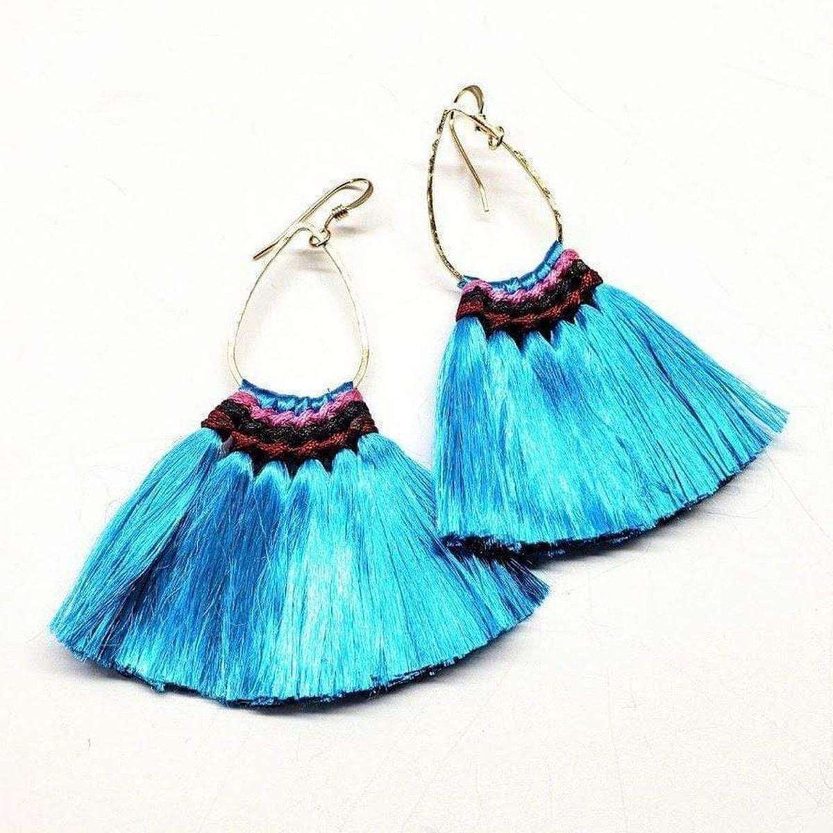 Colored Hawaii Hula Skirt Rayon Silk Fan Tassel Hoop Earrings from Alexa Martha Designs