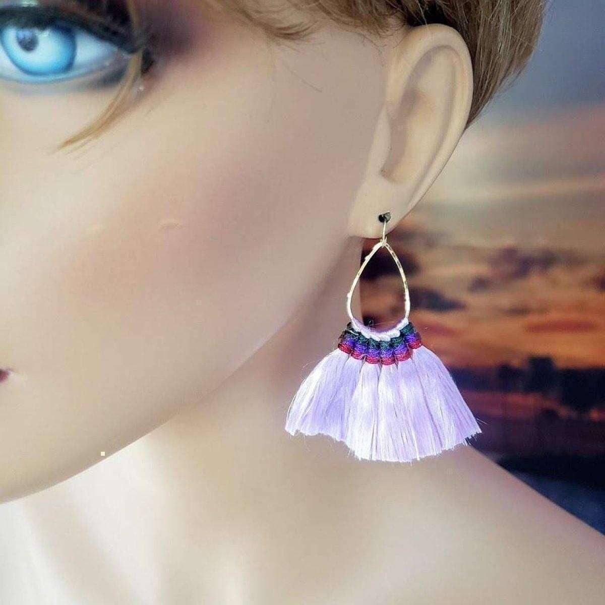 Colored Hawaii Hula Skirt Rayon Silk Fan Tassel Hoop Earrings from Alexa Martha Designs