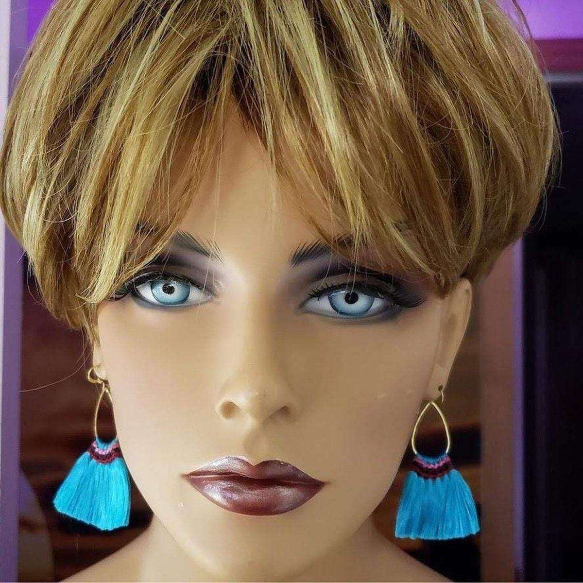 Colored Hawaii Hula Skirt Rayon Silk Fan Tassel Hoop Earrings from Alexa Martha Designs