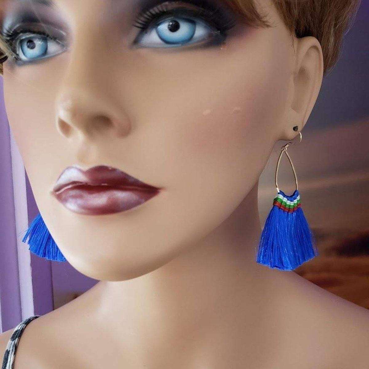 Colored Hawaii Hula Skirt Rayon Silk Fan Tassel Hoop Earrings from Alexa Martha Designs