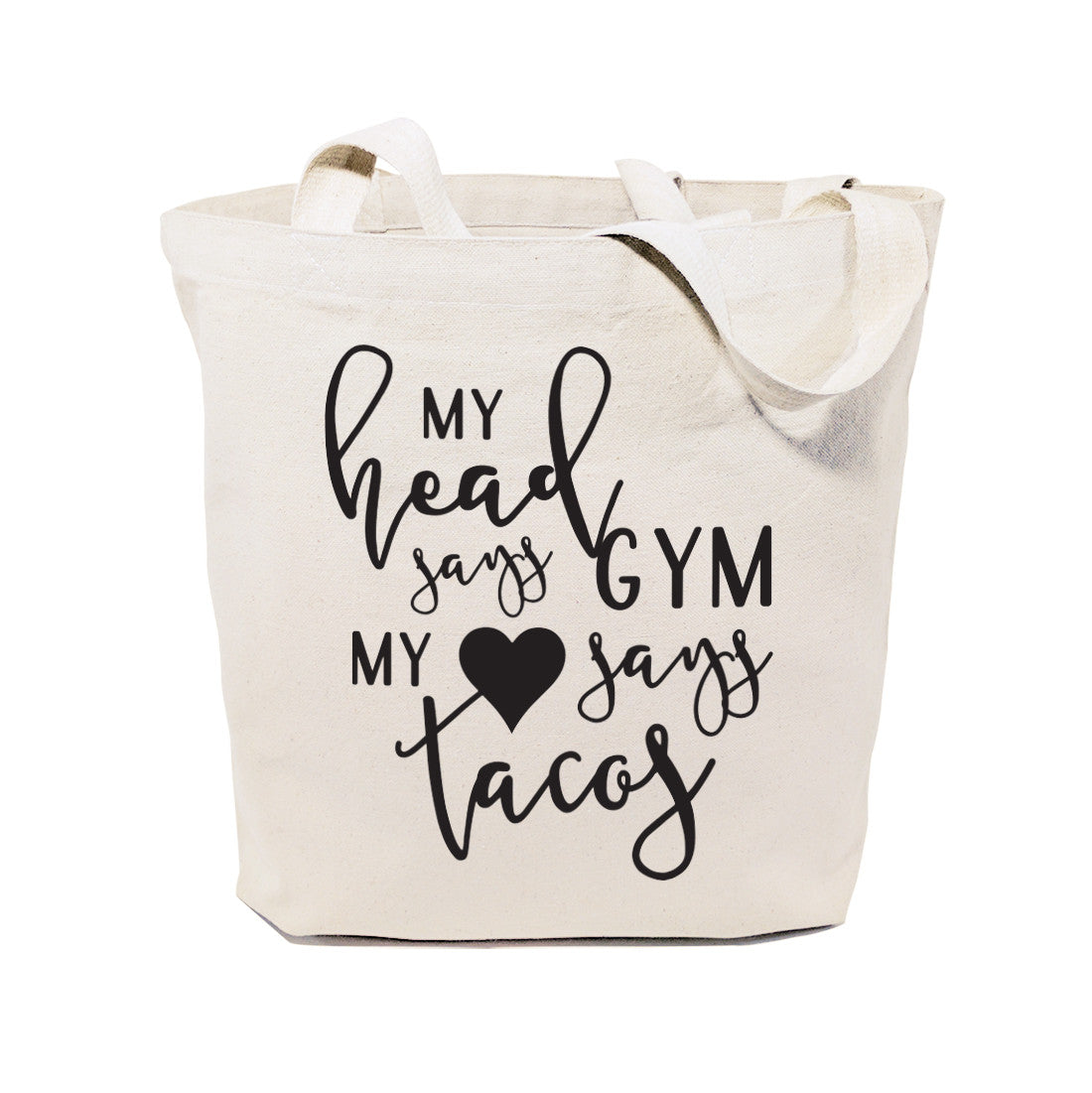 My Head Says Gym, My Heart Says Tacos Gym Cotton Canvas Tote Bag from The Cotton & Canvas Co.