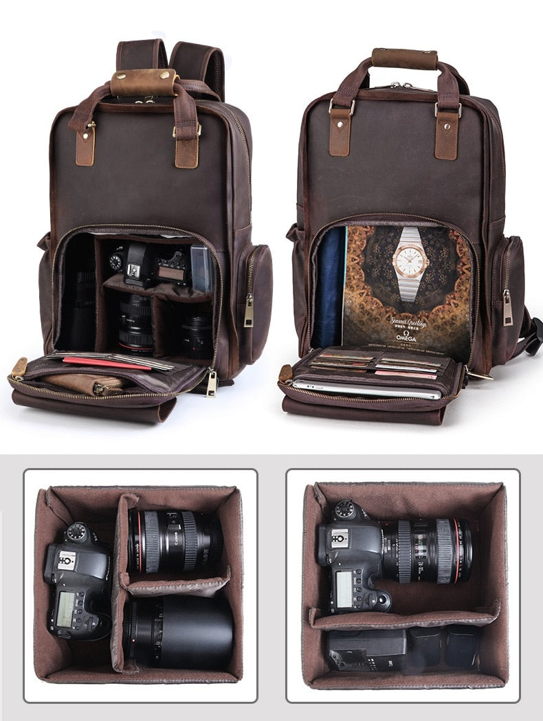 The Gaetano | Large Leather Backpack Camera Bag with Tripod Holder from STEEL HORSE LEATHER