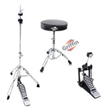 3 PACK GRIFFIN Drum Hardware Set - Bass Drum Kick Pedal, Drummers Throne Seat & Hi-Hat Cymbal Stand | Deluxe Chrome Slip-Proof Gear Holder Percussion Set for Mounting Crash, Ride & Splash Cymbals from GeekStands.com