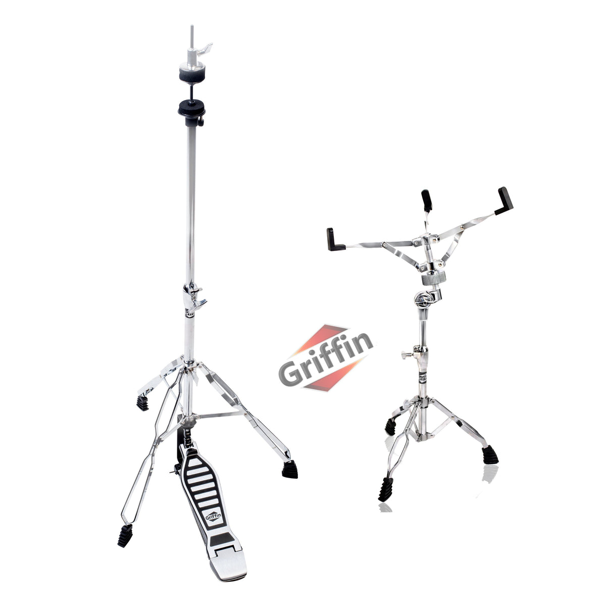 2-PACK Drum Hardware Set- Hi-Hat Stand & Snare Drum Stand by GRIFFIN | Hi Hat Cymbal Pedal With Pull Chain | Chrome Double Braced Kit | Mount Basket for Standard Snares, Tom Drums & Practice Pad from GeekStands.com