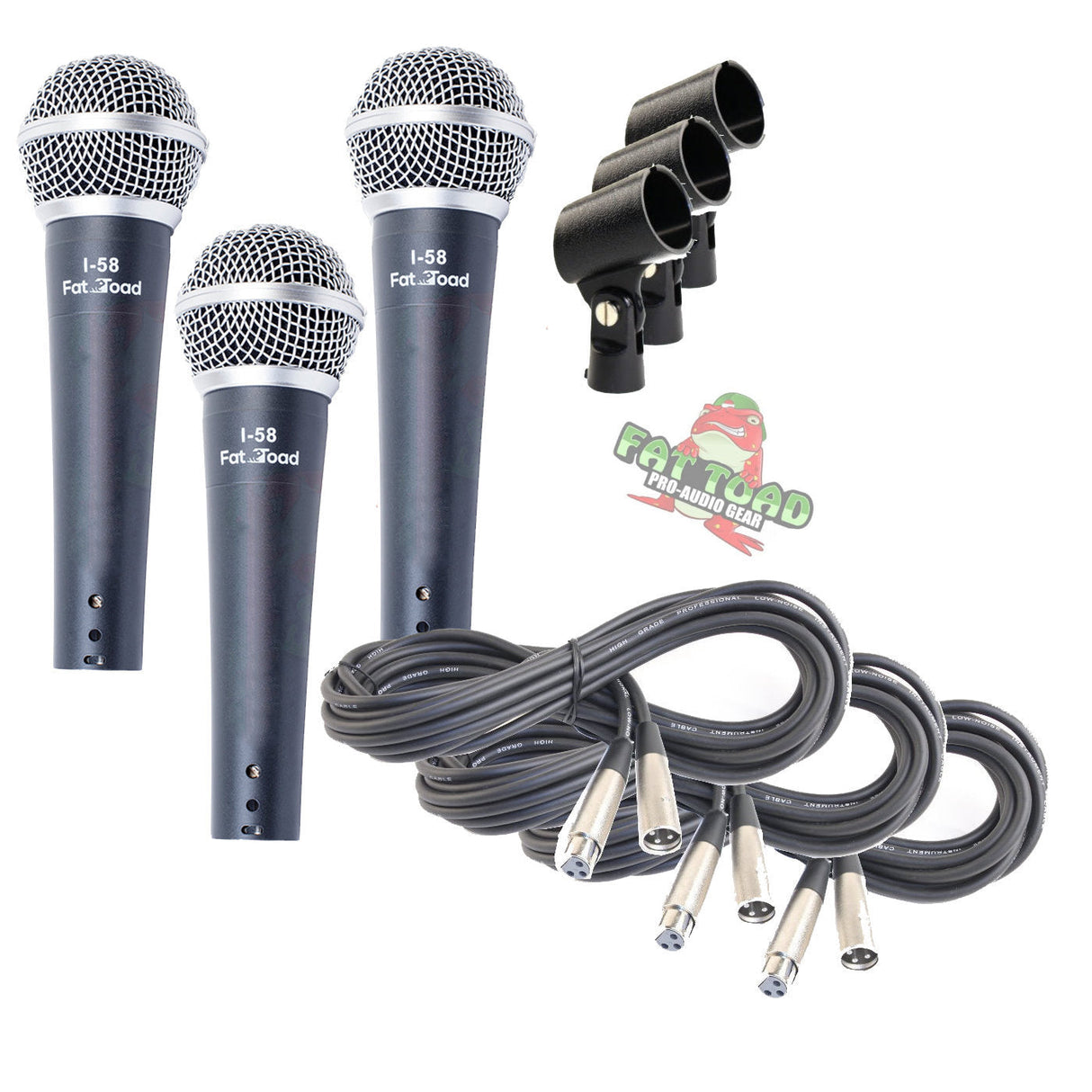 Dynamic Vocal Microphones with XLR Mic Cables & Clips (3 Pack) by FAT TOAD - Cardioid Handheld from GeekStands