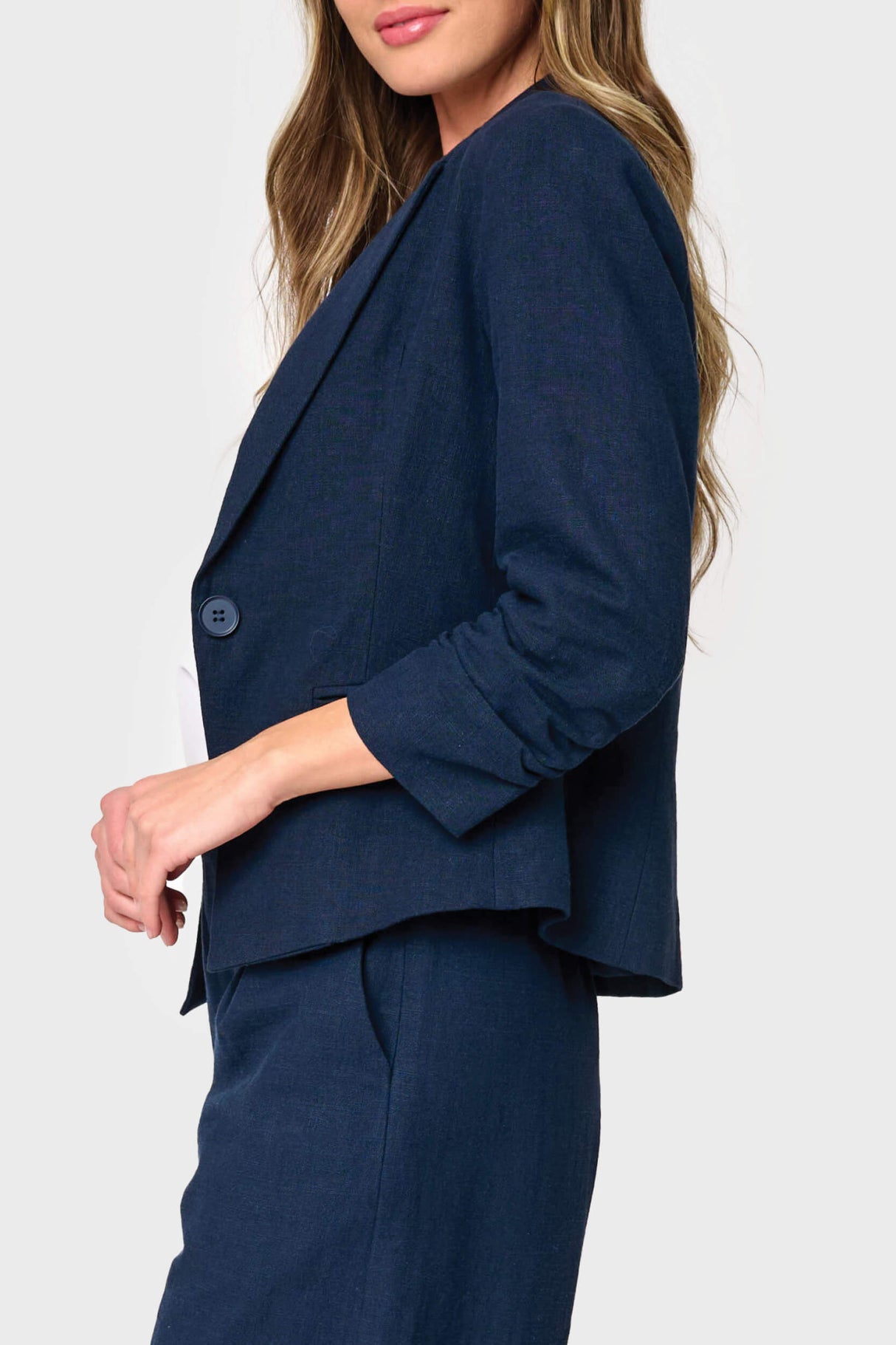 Notch Collar Linen Blazer with Rouched Sleeve from Gibsonlook
