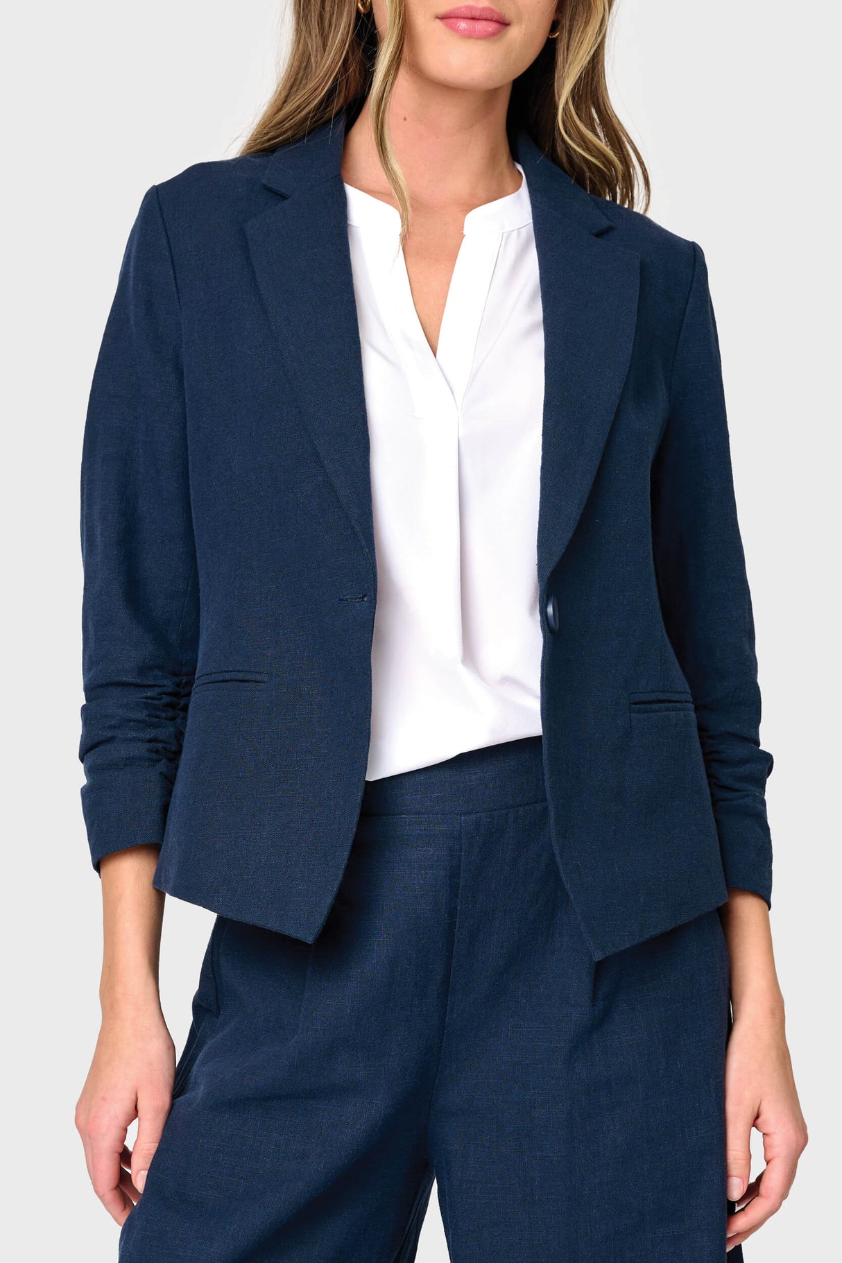 Notch Collar Linen Blazer with Rouched Sleeve from Gibsonlook