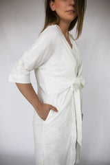 White Dress jacket 3/4 sleeve ties in front with pockets Premium Quality from EBRU Home