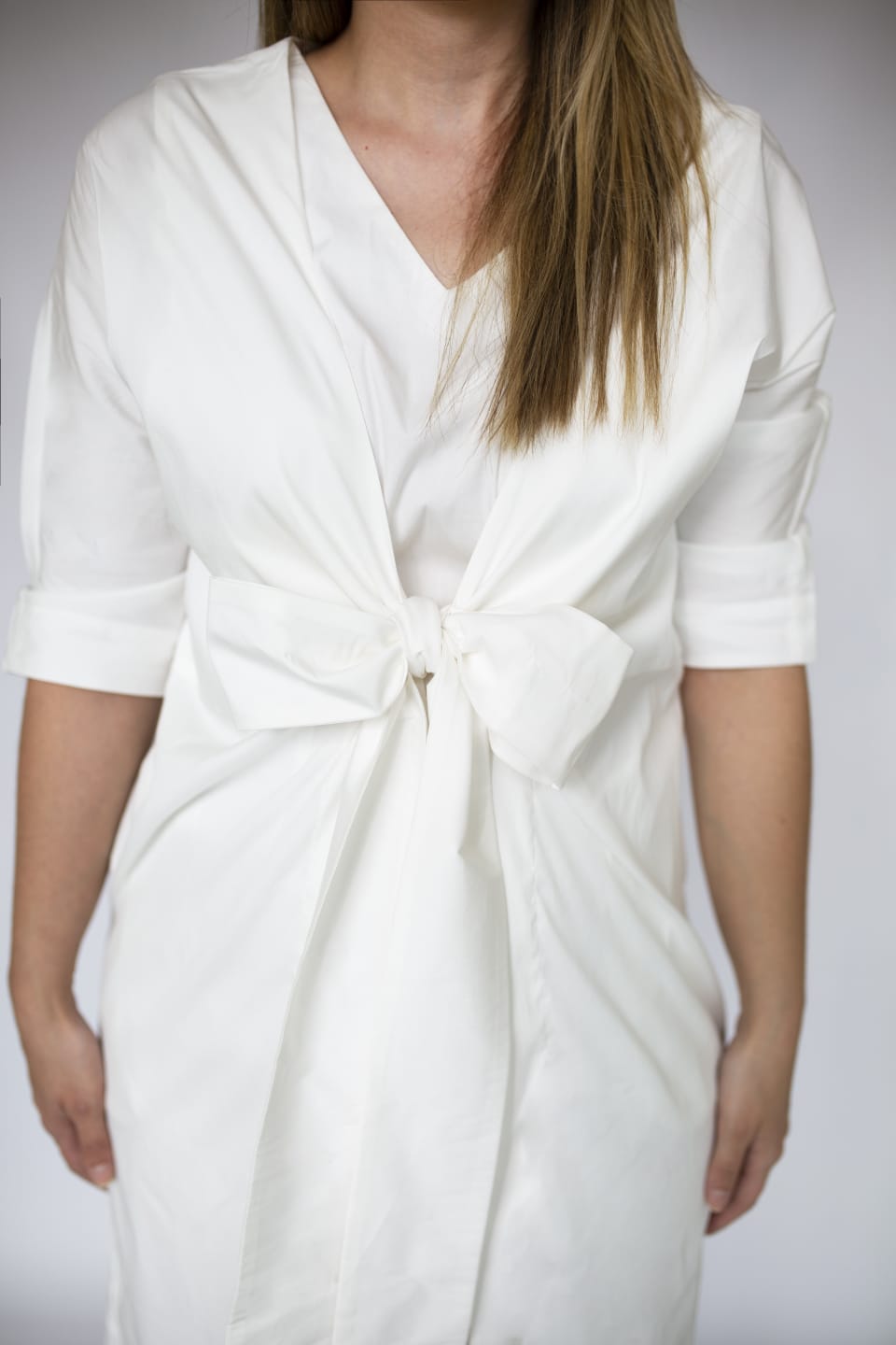White Dress jacket 3/4 sleeve ties in front with pockets Premium Quality from EBRU Home