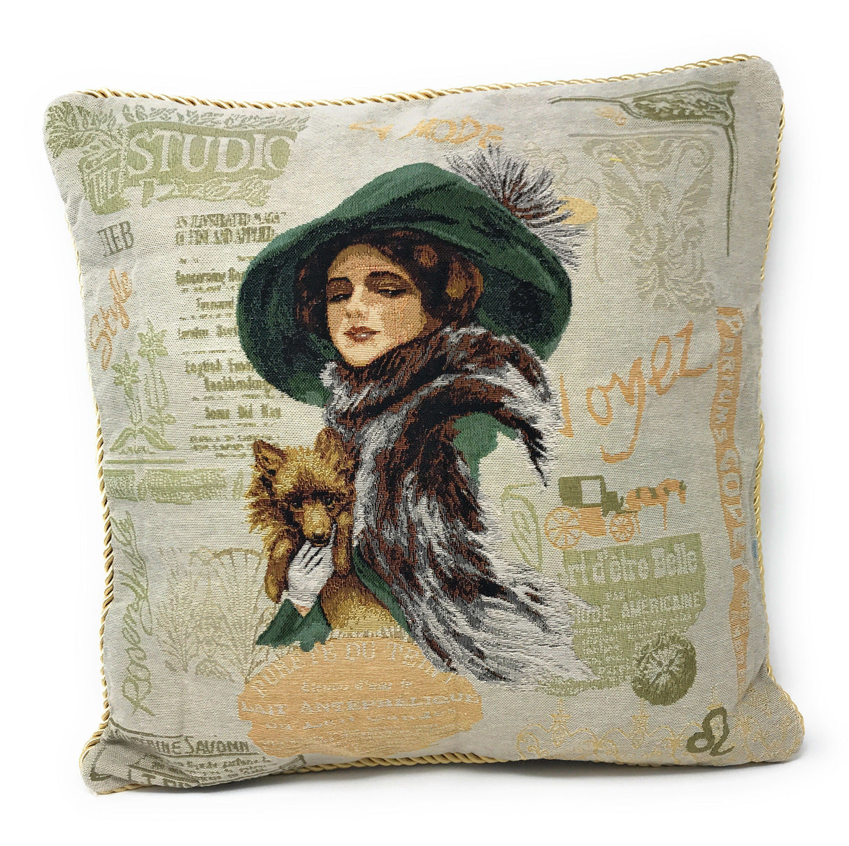Tache Puppy Day Out French European Postcard Emerald Green Beige Tapestry Throw Pillow Cover (CC-1354) from Tache Home Fashion