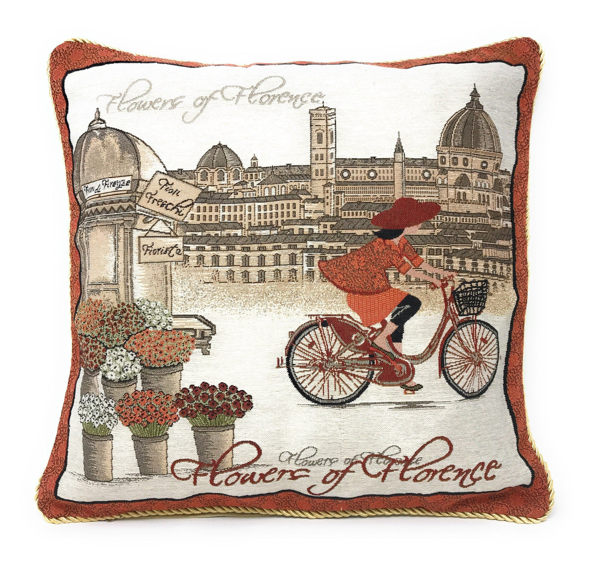Tache Flowers of Florence Italy Skyline European Postcard Woven Tapestry Throw Pillow Cover (14003) from Tache Home Fashion