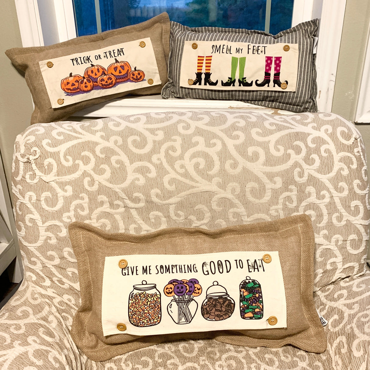 Holiday Panel: Halloween Tick or Treat Candy Jars October Pumpkins Kids Fall Autumn; GIVE ME SOMETHING GOOD TO EAT From PillowPanels