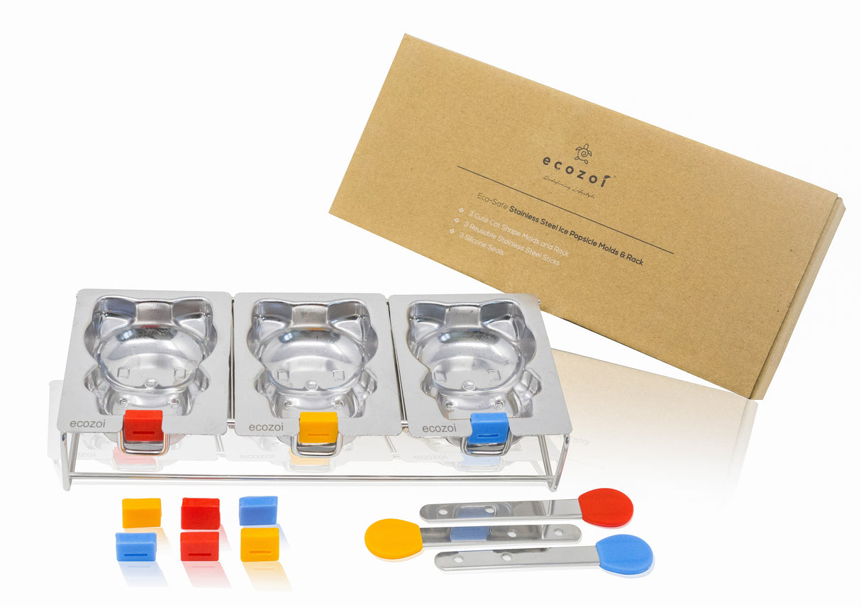 STAINLESS STEEL POPSICLE MOLDS, 3 CAT MOLDS with REUSABLE STEEL STICKS from ecozoi