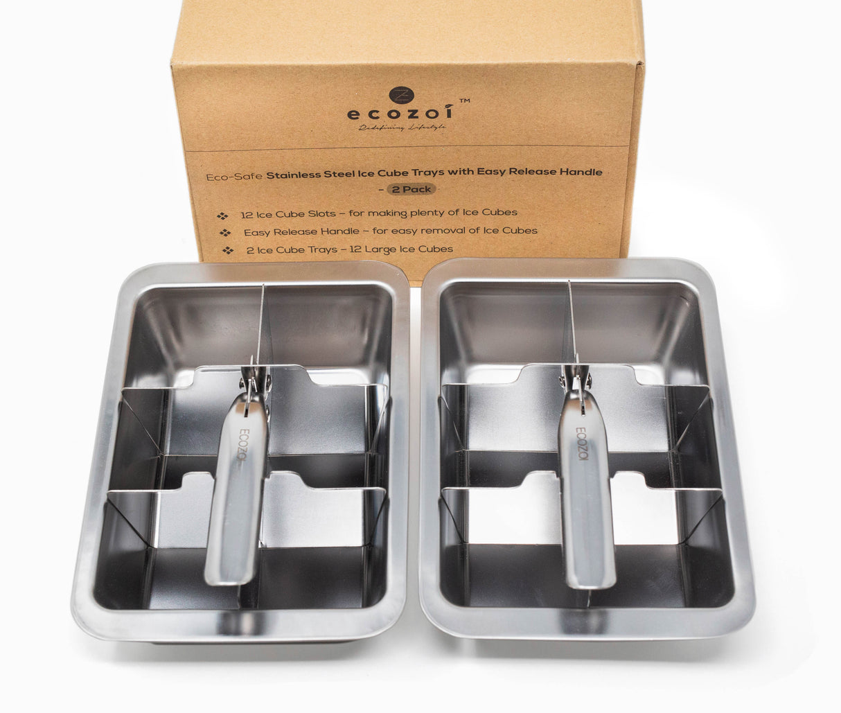 Ecozoi Stainless Steel Ice Cube Trays with Easy Release, 2 Pack, 12 Large Cubes from ecozoi