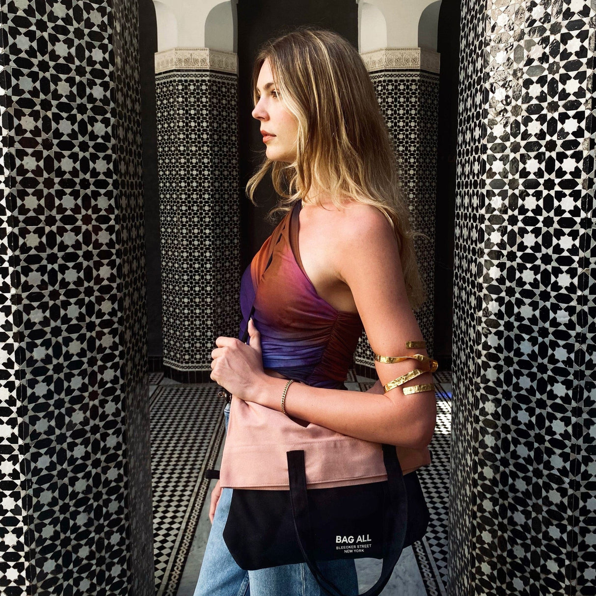 Three Way Tote, Cross body, Hand held, Folded, Pink/Black, New York From Bag-all