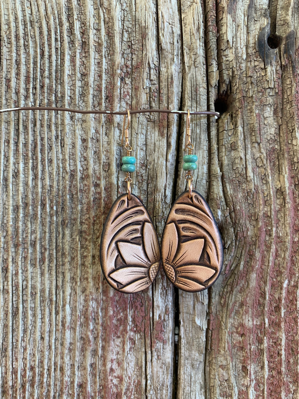16589 Lt Natural Tooled Teardrop w/Turquoise Earring from J.Forks Designs