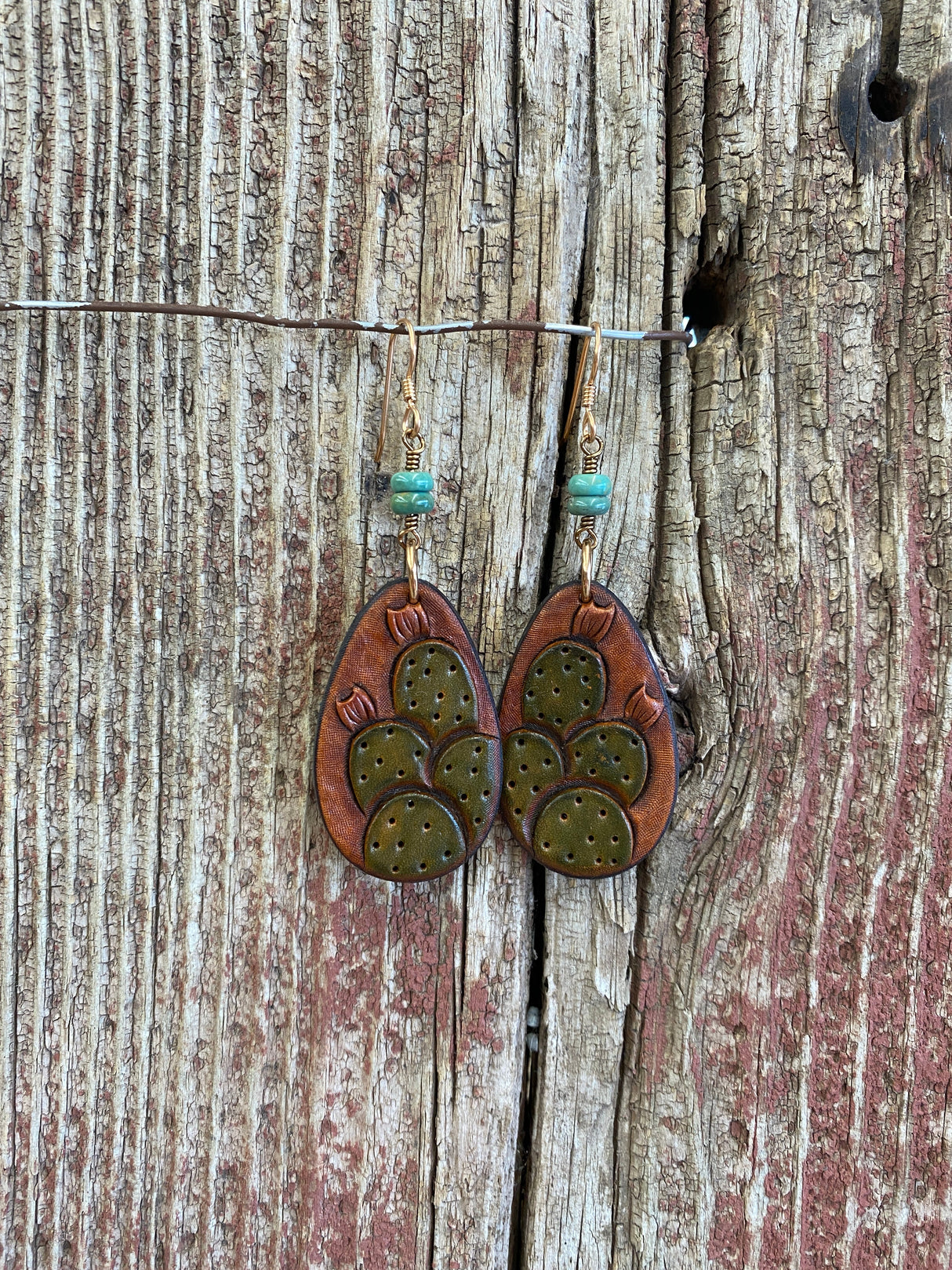 17166 Hand Tooled and Painted Prickly Pearl Teardrop Earrings from J.Forks Designs