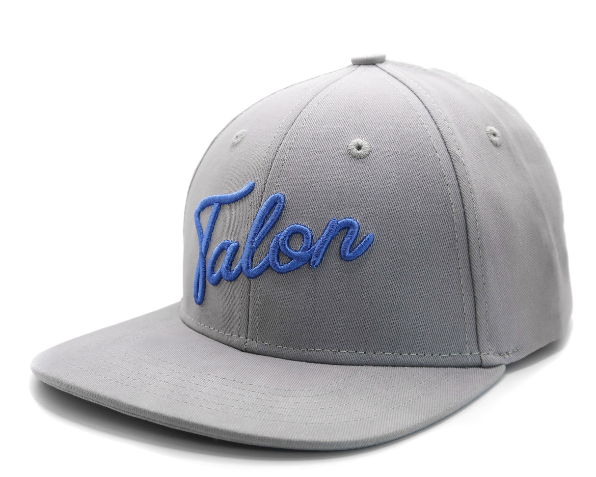 Flat Brim Hat - Grey w/ Royal Script from Talon Golf LLC