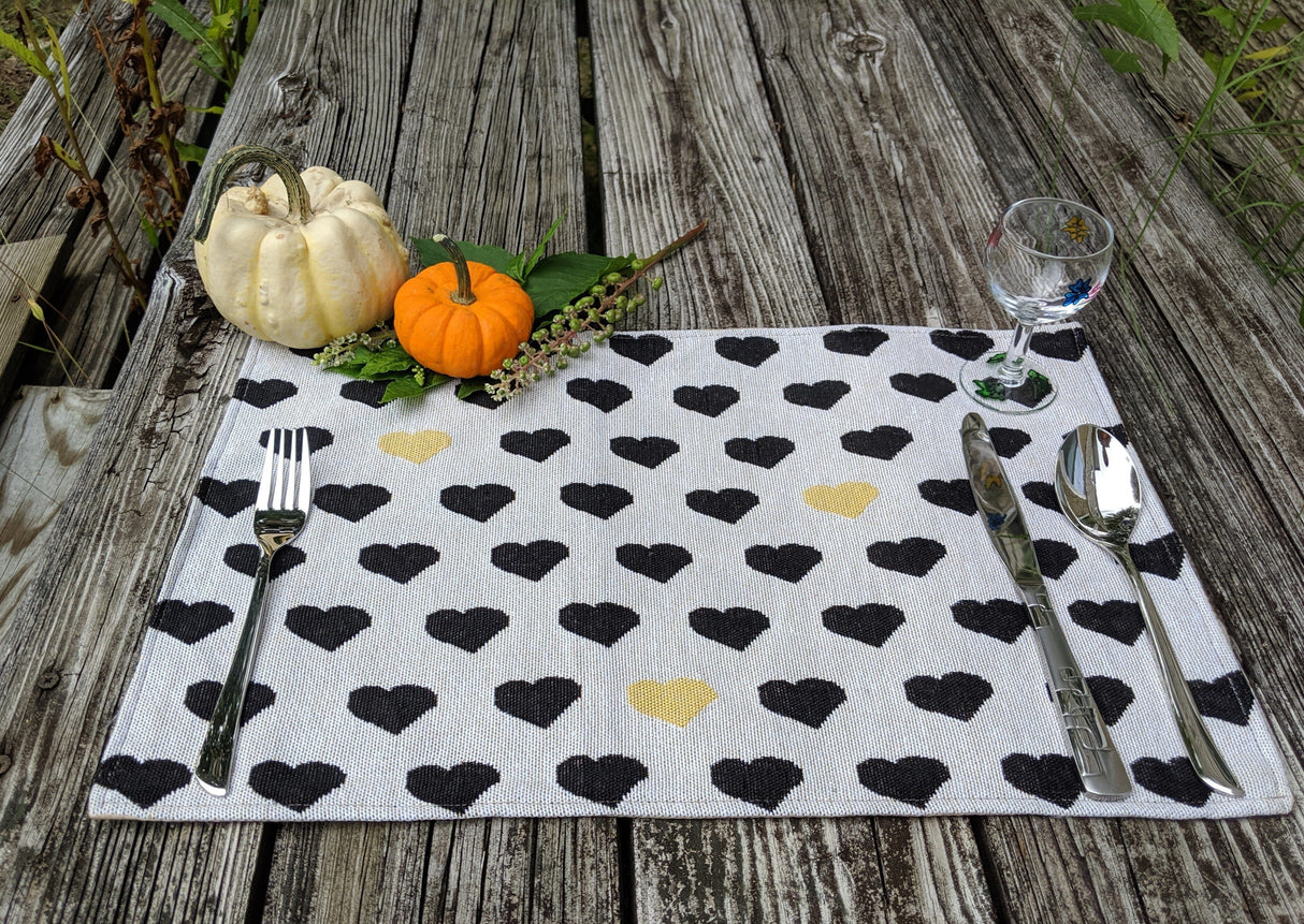 DaDa Bedding Set of 4-Pieces Lovely Yellow & Black Hearts Tapestry Dining Table Placemats 13” x 19” (18113) from DaDalogy Bedding Collection