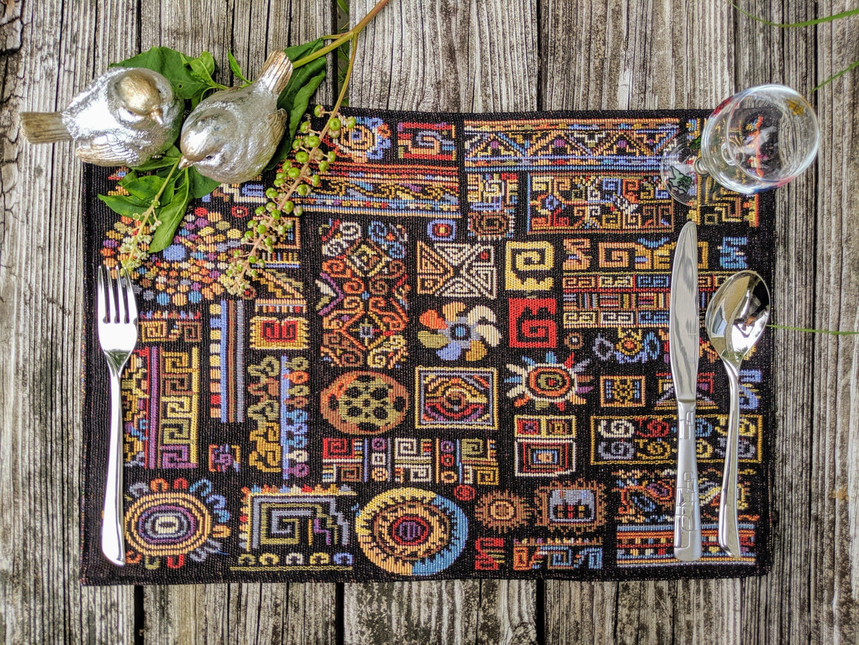 DaDa Bedding Set of 4-Pieces Ethnic Ornaments Geometric Black Tapestry Dining Placemats 13” x 19” (18118) from DaDalogy Bedding Collection