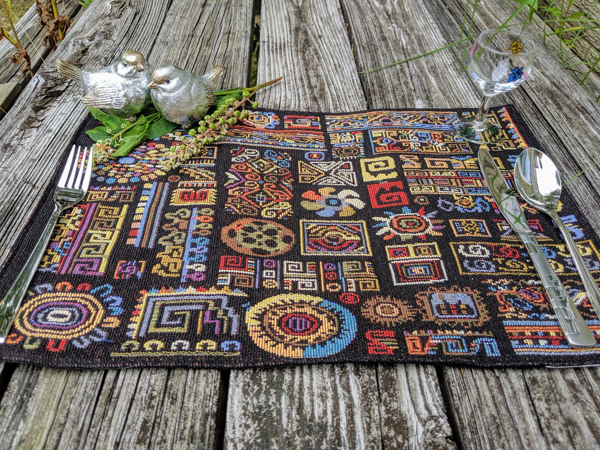 DaDa Bedding Set of 4-Pieces Ethnic Ornaments Geometric Black Tapestry Dining Placemats 13” x 19” (18118) from DaDalogy Bedding Collection