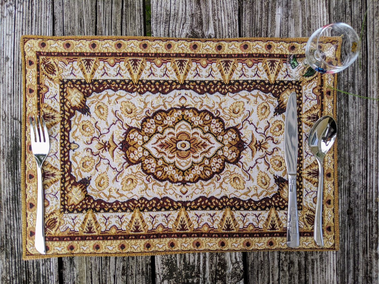DaDa Bedding Set of 4-6 Pieces Royal Persian Style Rug Golden Brown Floral Tapestry Placemats 13” x 19” (18119) from DaDalogy Bedding Collection