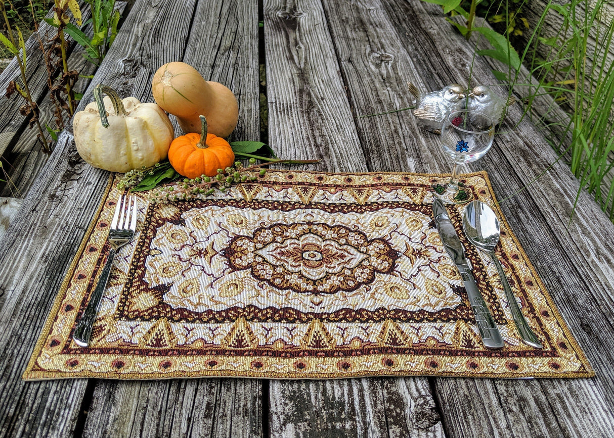 DaDa Bedding Set of 4-6 Pieces Royal Persian Style Rug Golden Brown Floral Tapestry Placemats 13” x 19” (18119) from DaDalogy Bedding Collection