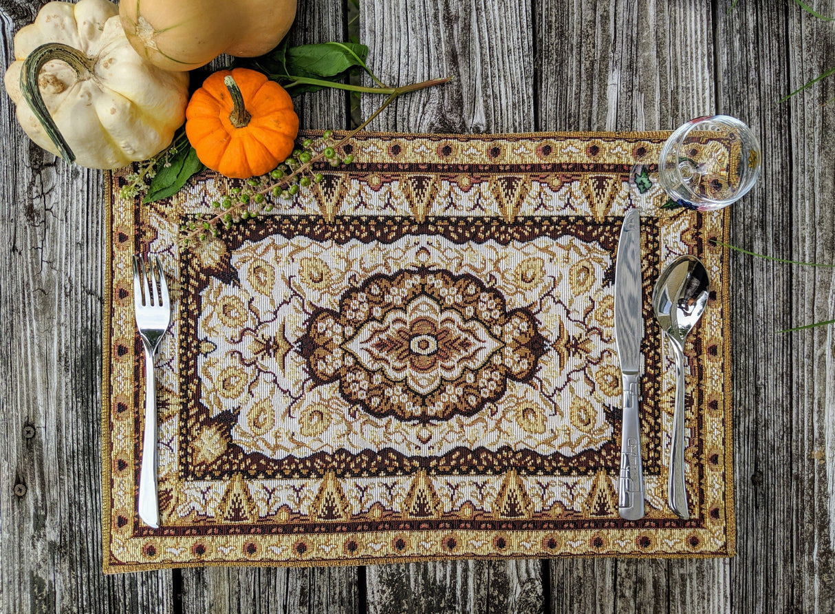 DaDa Bedding Set of 4-6 Pieces Royal Persian Style Rug Golden Brown Floral Tapestry Placemats 13” x 19” (18119) from DaDalogy Bedding Collection