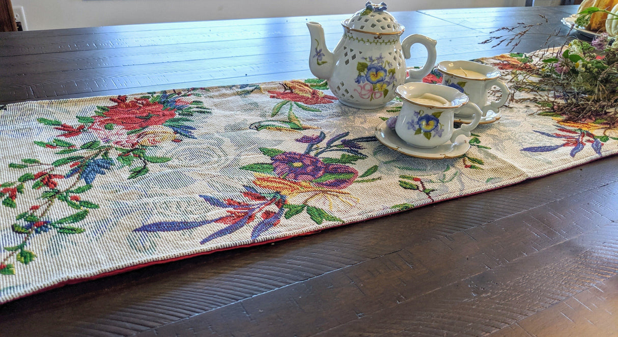 DaDa Bedding Floral Roses Tropical Paradise Birds Woven Tapestry Dining Table Runner (18116) from DaDalogy Bedding Collection