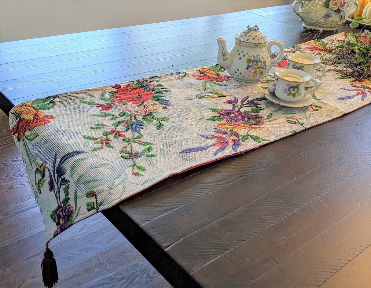 DaDa Bedding Floral Roses Tropical Paradise Birds Woven Tapestry Dining Table Runner (18116) from DaDalogy Bedding Collection