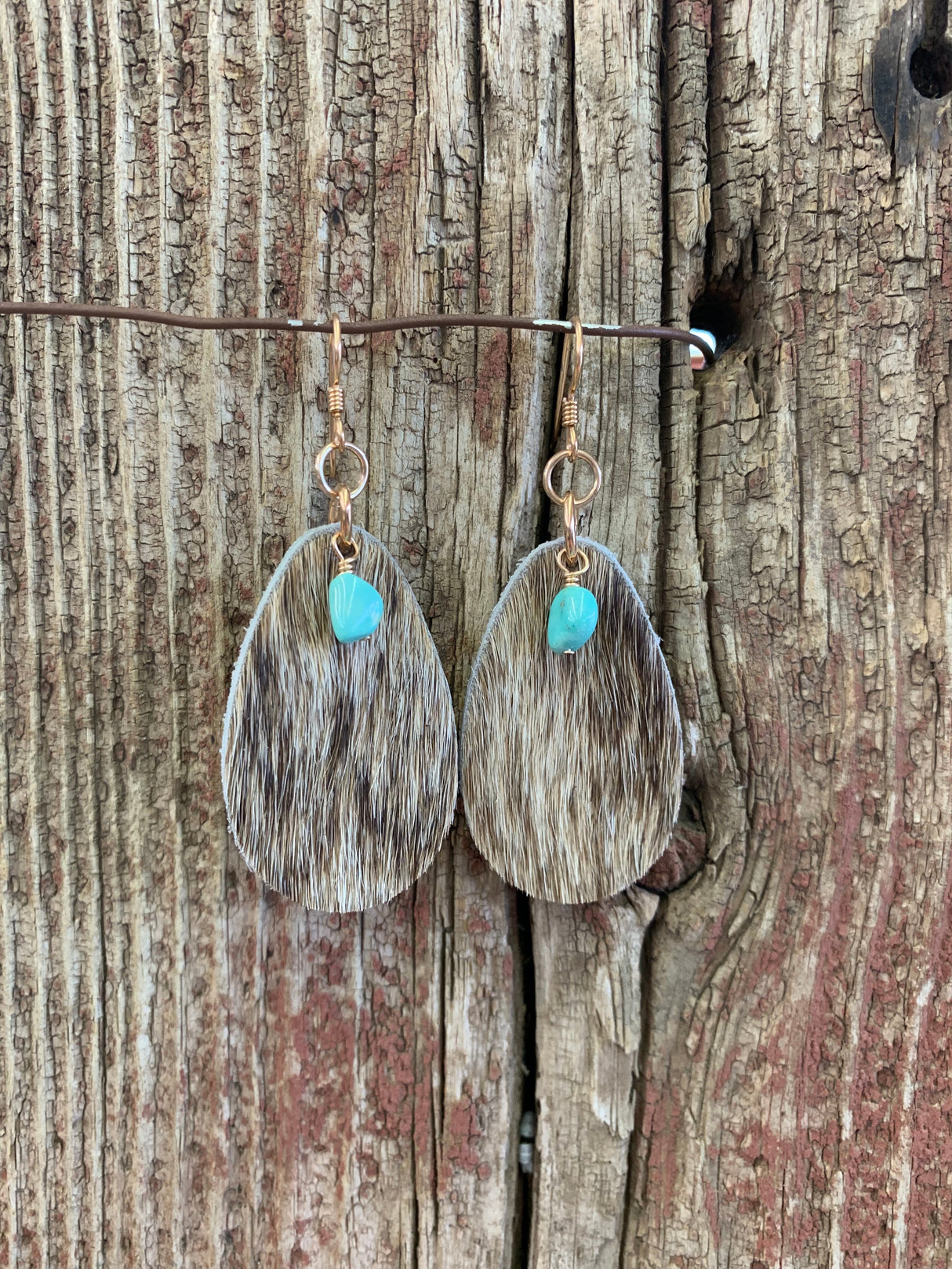 16111 Cowhide Teardrop & Turq Earring from J.Forks Designs