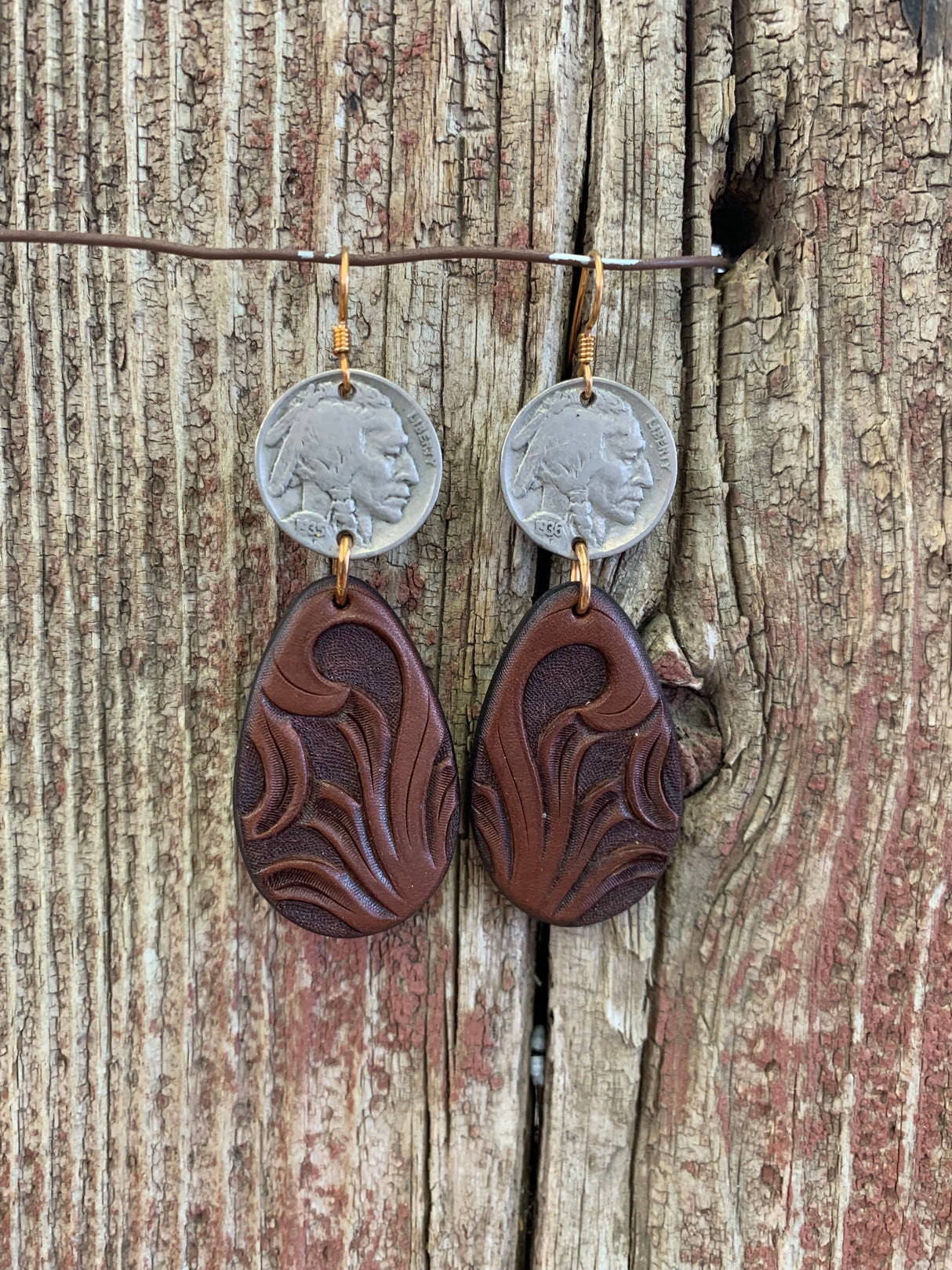 16220 Brwn Tooled Teardrop w/Indian Nickel Earring