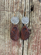 16220 Brwn Tooled Teardrop w/Indian Nickel Earring