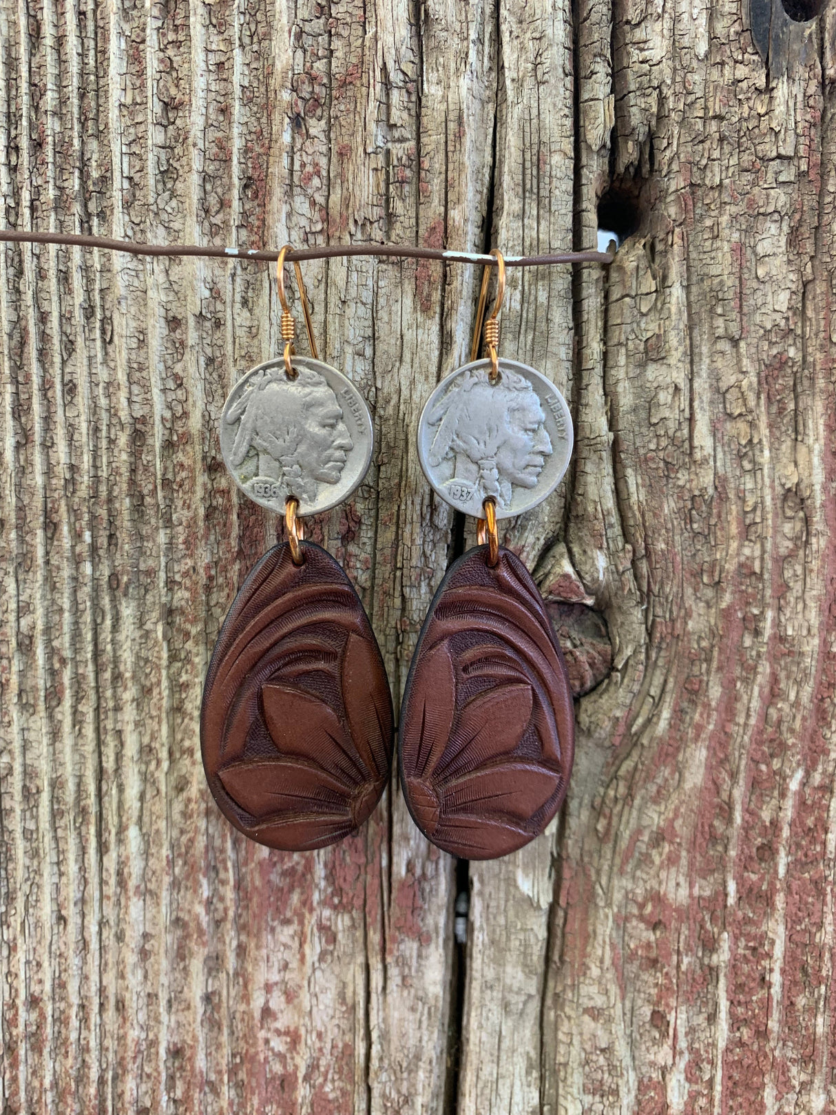 16220 Brwn Tooled Teardrop w/Indian Nickel Earring