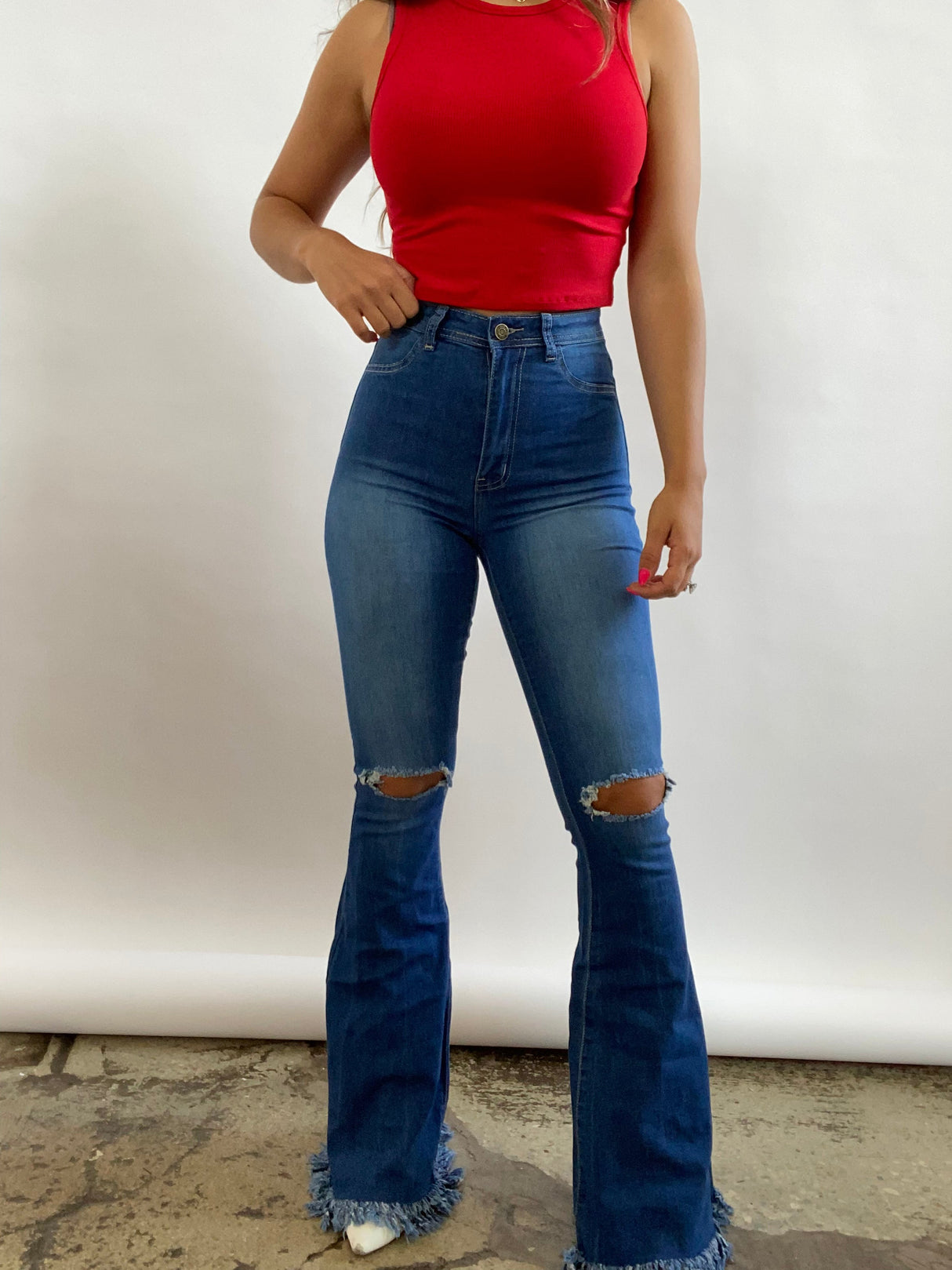 Farrah Denim Distressed High Waisted Flares - Medium Wash From Willow Boutique